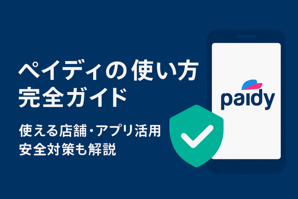 ペイディの使い方完全ガイド｜使える店舗・アプリ活用・安全対策も解説という見出しが大きく表示されたアイキャッチ画像。青色背景にPaidyロゴとチェックマークがあり、安全性と信頼感を訴求したデザイン。